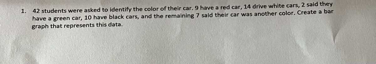 1. 42 students were asked to identify the color of their car. 9 have a red car, 14 drive white cars, 2 said they
have a green car, 10 have black cars, and the remaining 7 said their car was another color. Create a bar
graph that represents this data.
