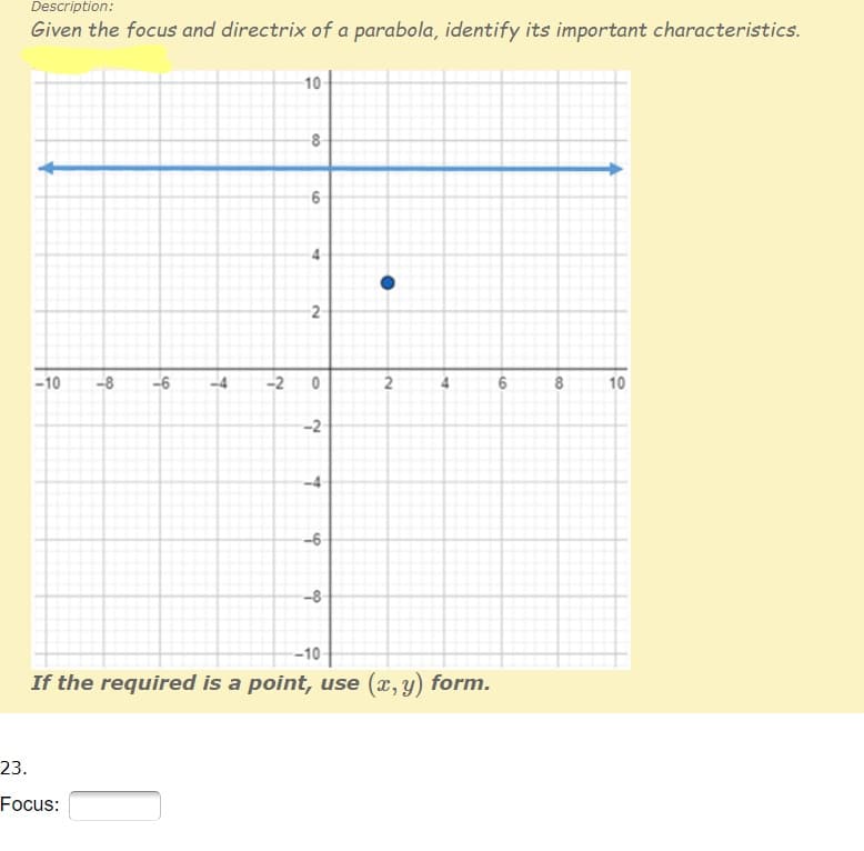 Description:
Given the focus and directrix of a parabola, identify its important characteristics.
10
8
-10
-8
-6
-4
-2 0
8
10
-2
-6
-8
-10
If the required is a point, use (x, y) form.
23.
Focus:
6.
2.
4.
2.
