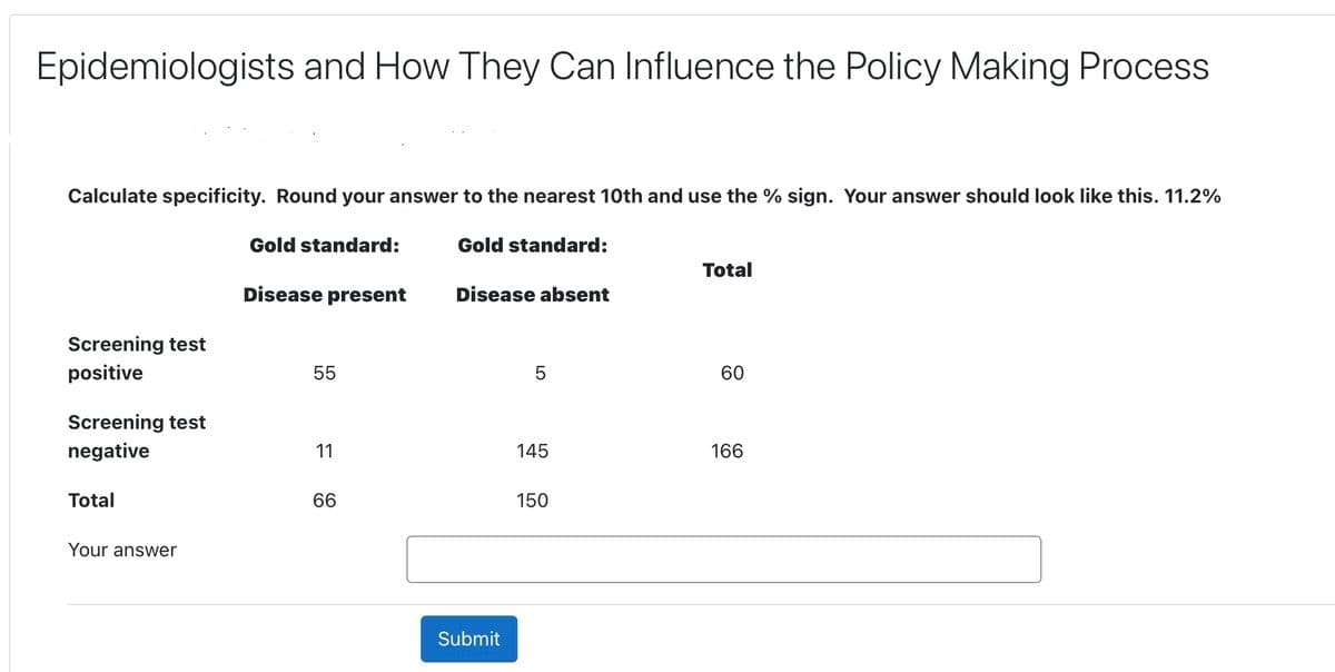 Epidemiologists and How They Can Influence the Policy Making Process
Calculate specificity. Round your answer to the nearest 10th and use the % sign. Your answer should look like this. 11.2%
Gold standard:
Gold standard:
Total
Disease present
Disease absent
Screening test
positive
55
5
60
Screening test
negative
11
145
166
Total
66
150
Your answer
Submit
