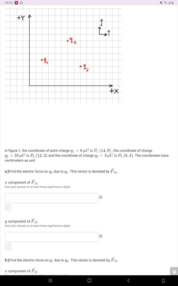 19.51
alla
+Y
+x
In figure-1, the coordinate of point charge q1 = 8 µC is P, (14, 9), the coordinate of charge
2 = 16 µC is P, (12, 3) and the coordinate of charge q = 4 iC is Ps (9, 4). The coordinates have
centimeters as unit.
a)Find the electric force on q2 due to q1. This vector is denoted by F12-
r component of F12
Give your answer to at least three significance diqits.
y component of F12
Give your answer to at least three significance digits.
b)Find the electric force on qi due to 2. This vector is denoted by F21-
I component of F21
