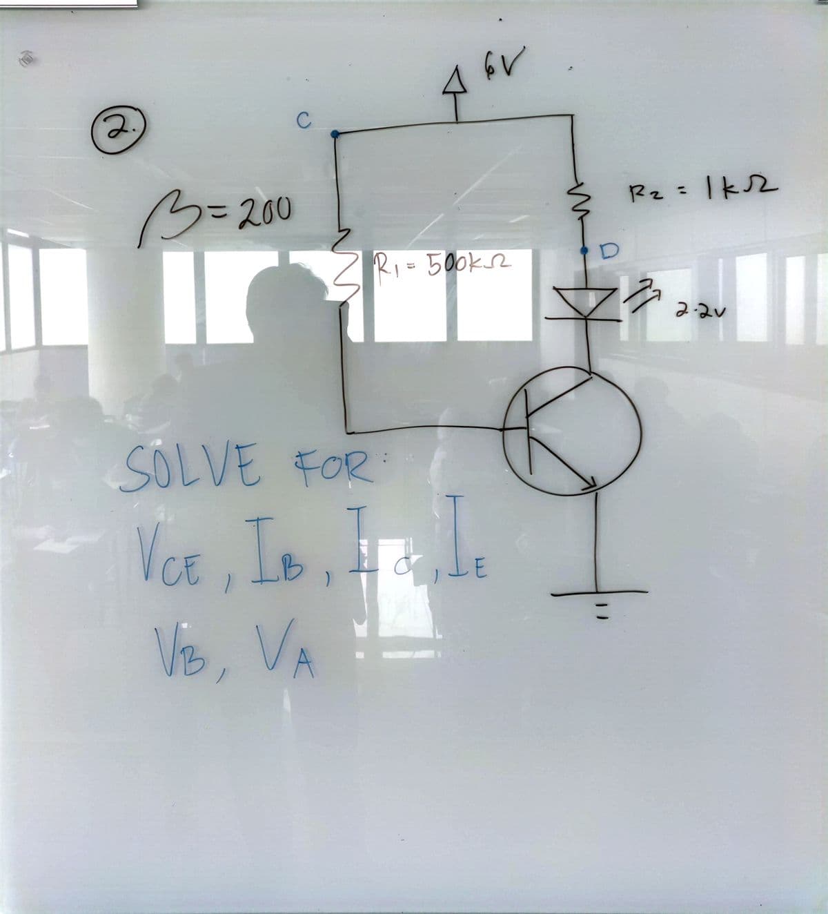 B=200
с
R₁
1 = 500 кл
6V
SOLVE FOR
VCE, IB, I &. I.
VB, VA
R₂ = 1k√2
D
72
2.2v
11