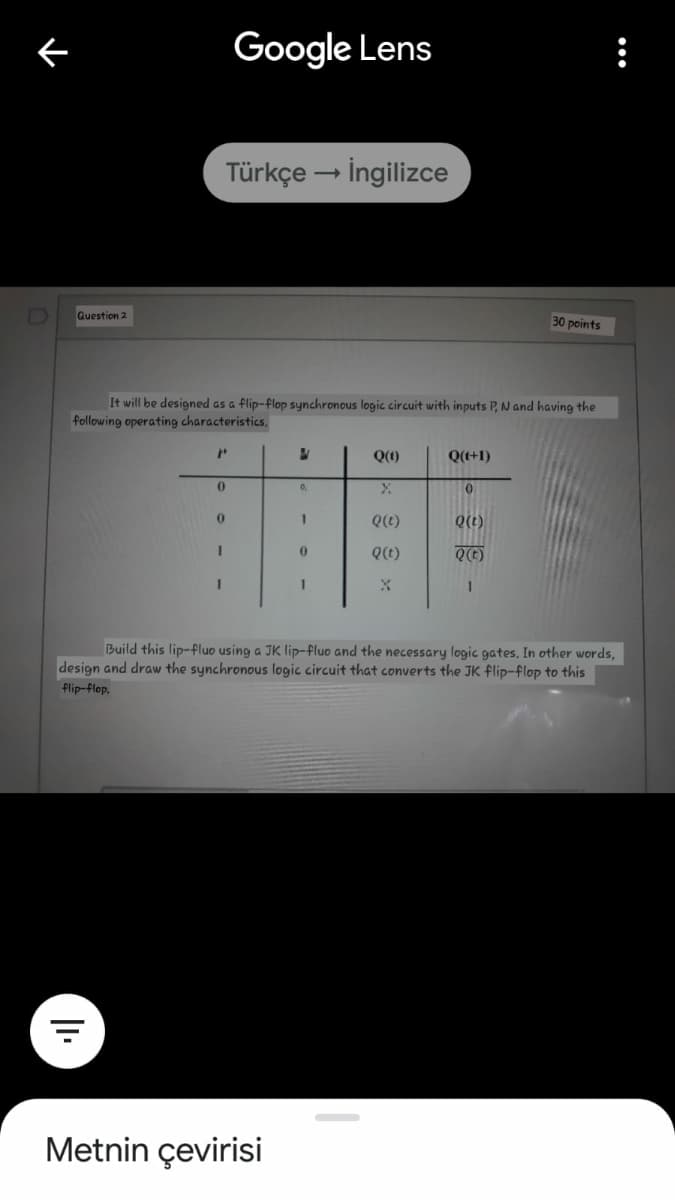 Google Lens
Türkçe – İngilizce
Question 2
30 points
It will be designed as a flip-flop synchronous logic circuit with inputs P, N and having the
following operating characteristics,
Q(t)
Q(+1)
0.
Q(e)
Q(t)
Q(t)
Q(t)
Build this lip-fluo using a JK lip-fluo and the necessary logic gates. In other words,
design and draw the synchronous logic circuit that converts the JK flip-flop to this
flip-flop.
Metnin çevirisi
