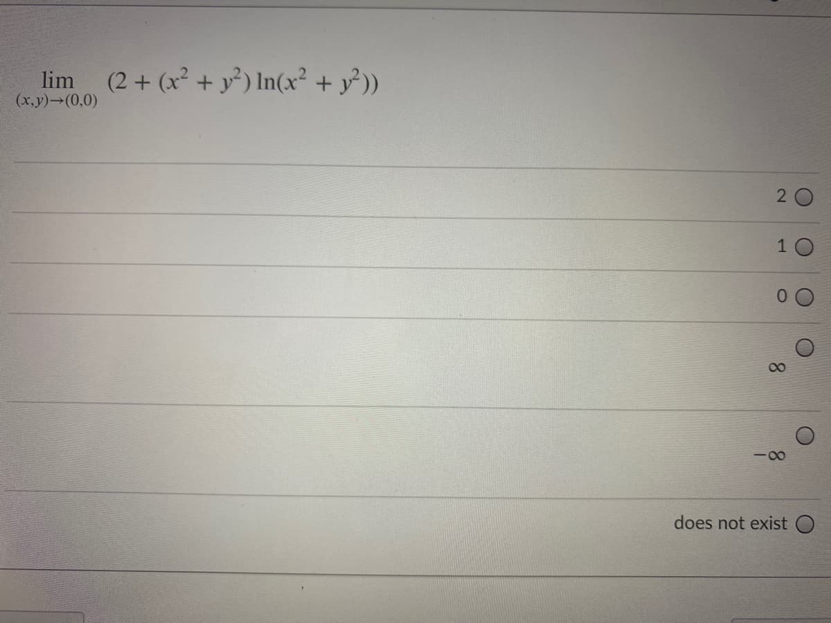 lim
(x,y) (0,0)
(2 + (x² + y²) In(x² + y))
2 0
08
-0-
does not exist
1.
