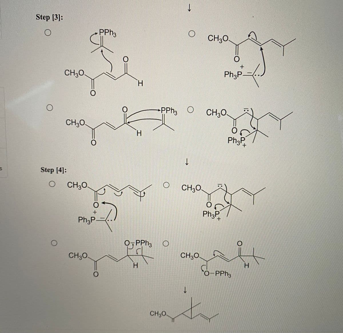 Step [3]:
PPH3
CH;0.
CH3O.
Phop-)
H.
PPH3 O
CH;0.
CH;0.
H.
Ph;P
Step [4]:
CH30
CH;0.
Ph;P
Ph3P-
0,PPH3
CH30
CH;O
H.
0-PPH3
CH30
