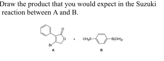 Draw the product that you would expect in the Suzuki
reaction between A and B.
CH;S-
B(OH)2
Br
A
