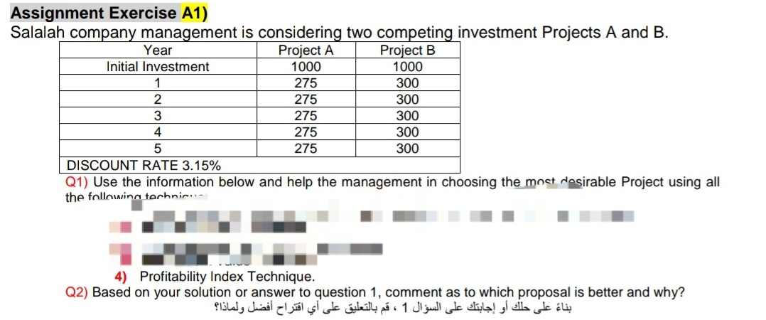 Assignment Exercise A1)
Salalah company management is considering two competing investment Projects A and B.
Project A
1000
Year
Project B
Initial Investment
1000
1
275
300
275
300
275
300
4
275
300
5
275
300
DISCOUNT RATE 3.15%
Q1) Use the information below and help the management in choosing the monst desirable Project using all
the following techni
4) Profitability Index Technique.
Q2) Based on your solution or answer to question 1, comment as to which proposal is better and why?
بناءً على حلك أو إجابتك على السؤال 1 ، قم بالتعليق على أي اقتراح أفضل ولماذا؟
