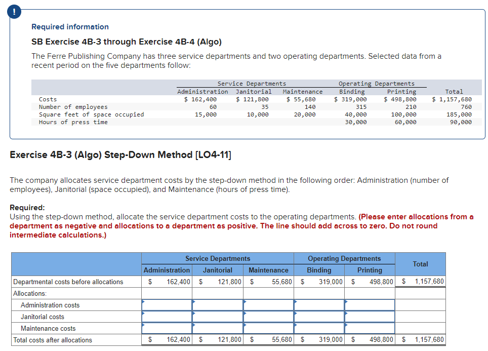 Required information
SB Exercise 4B-3 through Exercise 4B-4 (Algo)
The Ferre Publishing Company has three service departments and two operating departments. Selected data from a
recent period on the five departments follow:
Costs
Number of employees
Square feet of space occupied
Hours of press time
Service Departments
Administration Janitorial Maintenance
$ 162,400 $ 121,800 $ 55,680
140
20,000
Departmental costs before allocations
Allocations:
60
15,000
Administration costs
Janitorial costs
Maintenance costs
Total costs after allocations
35
10,000
Exercise 4B-3 (Algo) Step-Down Method [LO4-11]
The company allocates service department costs by the step-down method in the following order: Administration (number of
employees), Janitorial (space occupied), and Maintenance (hours of press time).
Service Departments
Administration Janitorial
$ 162,400 $
121,800 $
$ 162,400 $
Required:
Using the step-down method, allocate the service department costs to the operating departments. (Please enter allocations from a
department as negative and allocations to a department as positive. The line should add across to zero. Do not round
intermediate calculations.)
Maintenance
121,800 $
Operating Departments
Binding
$ 319,000
315
40,000
30,000
55,680 $
55,680 $
Printing
$ 498,800
210
100,000
60,000
Operating Departments
Binding
Printing
319,000 $ 498,800 $
319,000 $
Total
$ 1,157,680
498,800
Total
760
185,000
90,000
1,157,680
$ 1,157,680