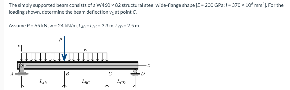 The simply supported beam consists of a W460 x 82 structural steel wide-flange shape [E = 200 GPa; I = 370 × 10° mm*). For the
loading shown, determine the beam deflection vc at point C.
Assume P = 65 kN, w = 24 kN/m, LAB= LBc = 3.3 m, LCD = 2.5 m.
P
B
|C
D
LAB
LBC
LCD
