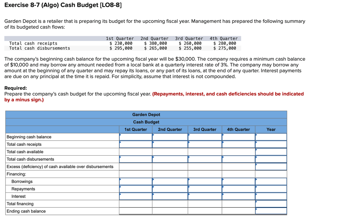 Exercise 8-7 (Algo) Cash Budget [LO8-8]
Garden Depot is a retailer that is preparing its budget for the upcoming fiscal year. Management has prepared the following summary
of its budgeted cash flows:
Total cash receipts
Total cash disbursements
1st Quarter 2nd Quarter 3rd Quarter
$ 230,000 $ 380,000 $ 260,000
$ 265,000
$ 295,000
$ 255,000
The company's beginning cash balance for the upcoming fiscal year will be $30,000. The company requires a minimum cash balance
of $10,000 and may borrow any amount needed from a local bank at a quarterly interest rate of 3%. The company may borrow any
amount at the beginning of any quarter and may repay its loans, or any part of its loans, at the end of any quarter. Interest payments
are due on any principal at the time it is repaid. For simplicity, assume that interest is not compounded.
Required:
Prepare the company's cash budget for the upcoming fiscal year. (Repayments, interest, and cash deficiencies should be indicated
by a minus sign.)
Beginning cash balance
Total cash receipts
Total cash available
Total cash disbursements
Excess (deficiency) of cash available over disbursements
Financing:
Borrowings
Repayments
Interest
Total financing
Ending cash balance
Garden Depot
Cash Budget
4th Quarter
$ 280,000
$ 275,000
1st Quarter
2nd Quarter
3rd Quarter
4th Quarter
Year