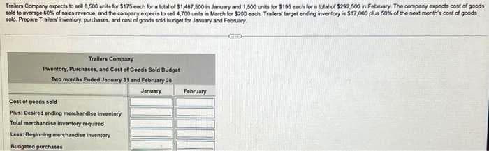 Trailers Company expects to sell 8,500 units for $175 each for a total of $1,487,500 in January and 1,500 units for $195 each for a total of $292,500 in February. The company expects cost of goods
sold to average 60% of sales revenue, and the company expects to sell 4,700 units in March for $200 each. Trailers' target ending inventory is $17,000 plus 50% of the next month's cost of goods
sold. Prepare Trailers' inventory, purchases, and cost of goods sold budget for January and February
Trailers Company
Inventory, Purchases, and Cost of Goods Sold Budget
Two months Ended January 31 and February 28
January
Cost of goods sold
Plus: Desired ending merchandise Inventory
Total merchandise inventory required
Less: Beginning merchandise inventory
Budgeted purchases
February
Gize