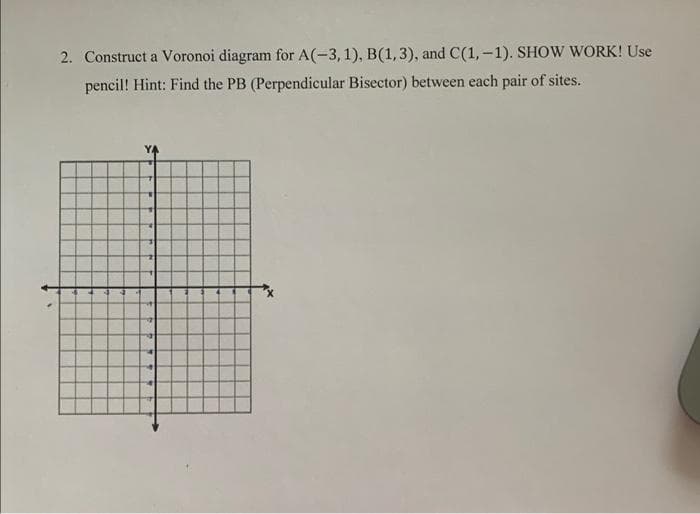 2. Construct a Voronoi diagram for A(-3, 1), B(1,3), and C(1,-1). SHOW WORK! Use
pencil! Hint: Find the PB (Perpendicular Bisector) between each pair of sites.
YA
