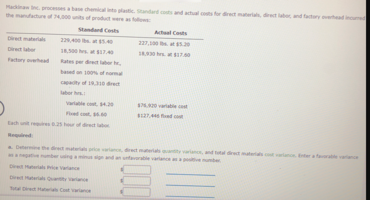 Mackinaw Inc. processes a base chemical into plastic. Standard costs and actual costs for direct materials, direct labor, and factory overhead incurred
the manufacture of 74,000 units of product were as follows:
Standard Costs
Actual Costs
Direct materials
229,400 lbs. at $5.40
227,100 lbs. at $5.20
Direct labor
18,500 hrs. at $17.40
18,930 hrs. at $17.60
Factory overhead
Rates per direct labor hr.,
based on 100% of normal
capacity of 19,310 direct
labor hrs.:
Variable cost, $4.20
$76,920 variable cost
Fixed cost, $6.60
$127,446 fixed cost
Each unit requires 0.25 hour of direct labor.
Required:
a. Determine the direct materials price variance, direct materials quantity variance, and total direct materials cost variance. Enter a favorable variance
as a negative number using a minus sign and an unfavorable variance as a positive number.
Direct Materials Price Variance
Direct Materials Quantity Variance
Total Direct Materials Cost Variance
