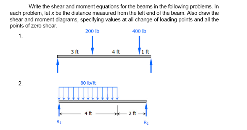 Write the shear and moment equations for the beams in the following problems. In
each problem, let x be the distance measured from the left end of the beam. Also draw the
shear and moment diagrams, specifying values at all change of loading points and all the
points of zero shear.
200 lb
400 lb
1.
3 ft
4 ft
1 ft
2.
80 lb/ft
4 ft
2 ft
R1
R2
