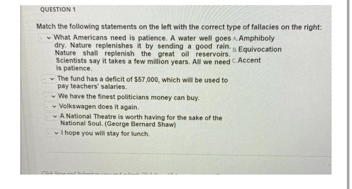 QUESTION 1
Match the following statements on the left with the correct type of fallacies on the right:
What Americans need is patience. A water well goes A. Amphiboly
dry. Nature replenishes it by sending a good rain.
B. Equivocation
Nature shall replenish the
Scientists say it takes a few million years. All we need C. Accent
is patience.
great
oil
reservoirs.
A
...
✓ The fund has a deficit of $57,000, which will be used to
pay teachers' salaries.
We have the finest politicians money can buy.
Volkswagen does it again.
A National Theatre is worth having for the sake of the
National Soul. (George Bernard Shaw)
I hope you will stay for lunch.
Click Save and Submit to