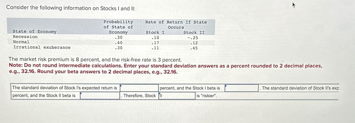 Consider the following information on Stocks I and II:
State of Economy
Recession
Normal
Irrational exuberance
Probability
of State of
Economy
.30
.40
.30
Rate of Return If State
Occurs
The standard deviation of Stock I's expected return is
percent, and the Stock II beta is
Stock I
.10
.17
.11
The market risk premium is 8 percent, and the risk-free rate is 3 percent.
Note: Do not round intermediate calculations. Enter your standard deviation answers as a percent rounded to 2 decimal places,
e.g., 32.16. Round your beta answers to 2 decimal places, e.g., 32.16.
Stock II
-.25
.12
.45
percent, and the Stock I beta is
is "riskier".
Therefore, Stock Il
The standard deviation of Stock Il's exp