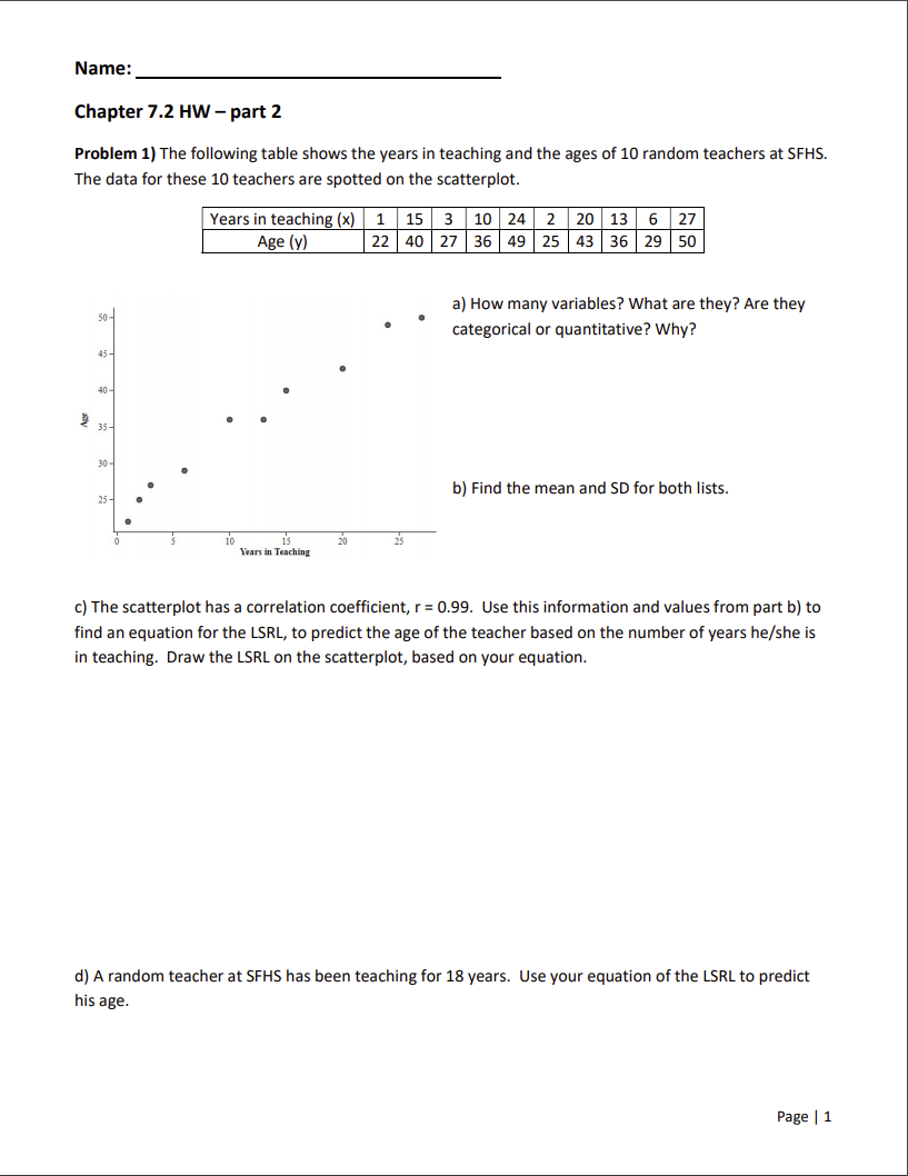 Problem 1) The following table shows the years in teaching and the ages of 10 random teachers at SFHS.
The data for these 10 teachers are spotted on the scatterplot.
Years in teaching (x) | 1 15 3 10 24 2 20 13 6 27
Age (y)
22 40 27 36 49 25 43 36 29 50
