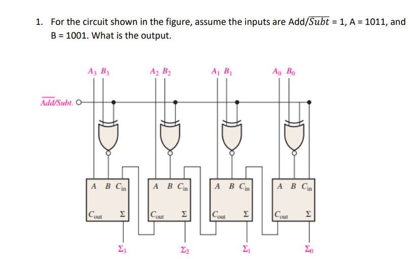 1. For the circuit shown in the figure, assume the inputs are Add/Subt = 1, A = 1011, and
B = 1001. What is the output.
%3D
A3 B3
A2 B2
A, BỊ
Ao Bo
Add/Subt. O
А В С
A B Cn
А В С
A B Ci
Cout
Σ
|Cout
Cout
|Cout
Σ
Σ
Σ
Σ
