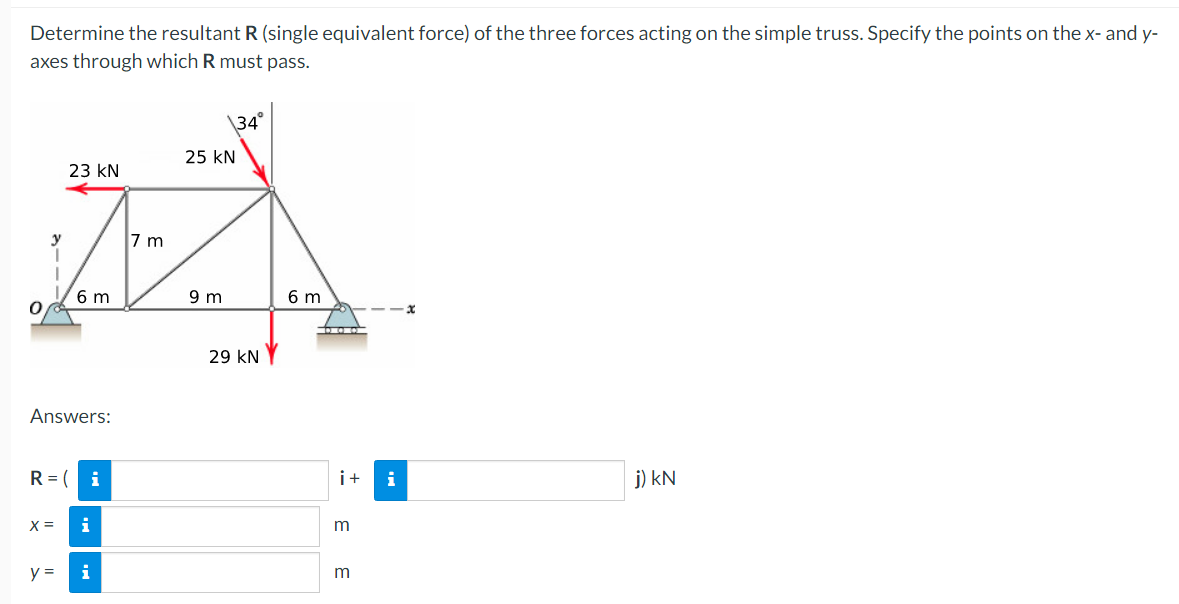 Determine the resultant R (single equivalent force) of the three forces acting on the simple truss. Specify the points on the x- and y-
axes through which R must pass.
34°
25 KN
23 KN
VE
6 m
j) kN
Answers:
R=(i
X =
i
y =
i
9 m
29 KN
6 m
i+ i
m
m