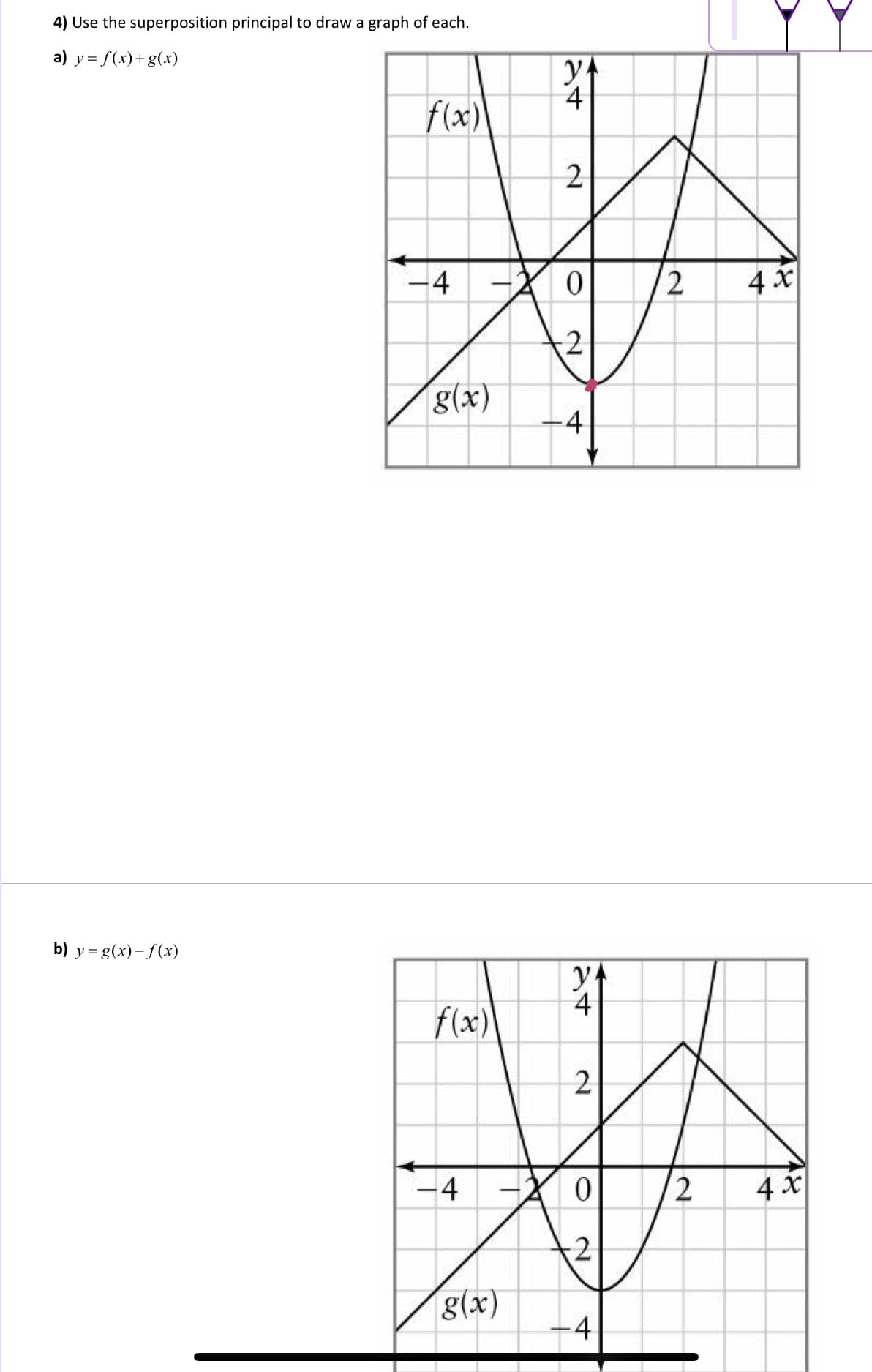 4) Use the superposition principal to draw a graph of each.
a) y = f(x)+ g(x)
b) y = g(x)-f(x)
f(x)
-4
g(x)
f(x)
YA
4
2
0
2
4
y
4
2
-4
0
A
2
g(x)
-4
2
2
4x
4 x