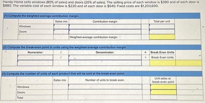 Handy Home sells windows (80% of sales) and doors (20% of sales). The selling price of each window is $390 and of each door is
$880. The variable cost of each window is $220 and of each door is $540. Fixed costs are $1,203,600.
(1) Compute the weighted-average contribution margin.
Sales mix
Windows
Doors
Contribution margin
(2) Compute the break-even point in units using the weighted-average contribution margin.
Numerator:
Denominator:
1
Windows
Doors
Total
Weighted-average contribution margin
(3) Compute the number of units of each product that will be sold at the break-even point.
Sales mix
Number of units to break even.
.
Total per unit
Break Even Units
Break Even Units
Unit sales at
break-even point