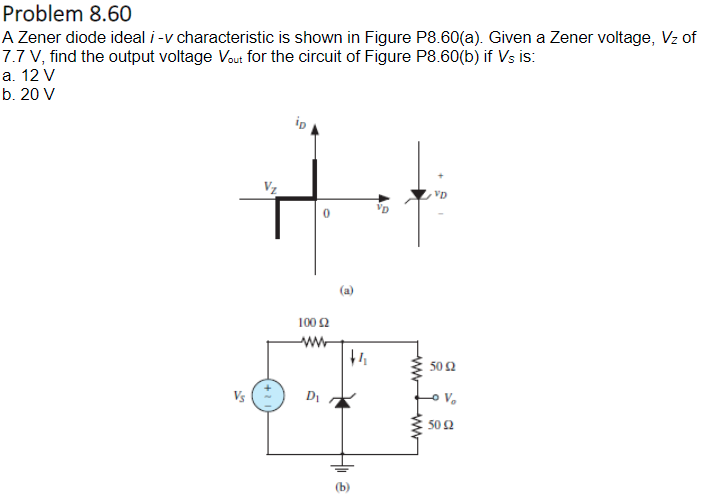 Problem 8.60
A Zener diode ideal / -v characteristic is shown in Figure P8.60(a). Given a Zener voltage, Vz of
7.7 V, find the output voltage Vout for the circuit of Figure P8.60(b) if Vs is:
a. 12 V
b. 20 V
Vs
ip
0
100 £2
ww
D₁
44
(b)
www
www
VD
5002
50 92