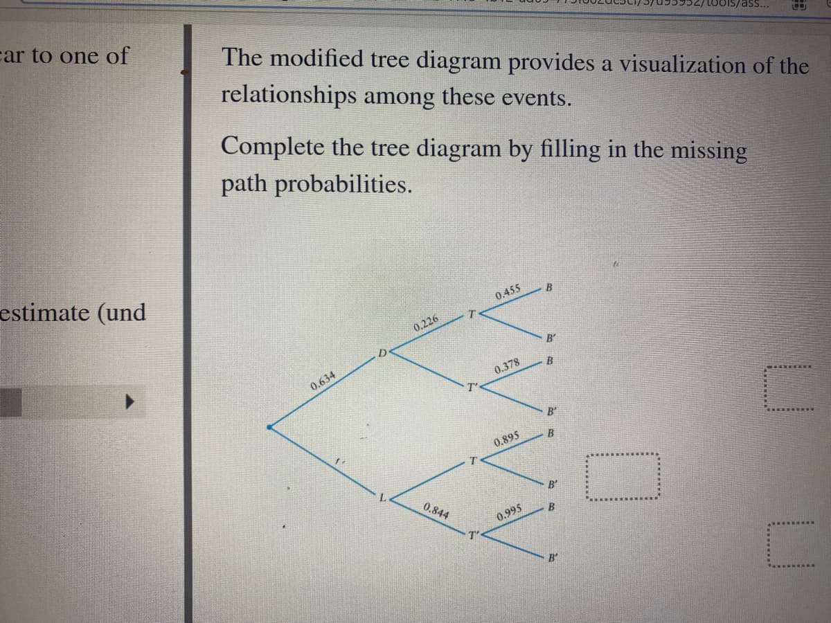 car to one of
The modified tree diagram provides a visualization of the
LOOIS/ass...
relationships among these events.
Complete the tree diagram by filling in the missing
path probabilities.
estimate (und
0.455
0,226
B'
0.634
0.378
B'
0.895
B'
0.844
0.995
B'
