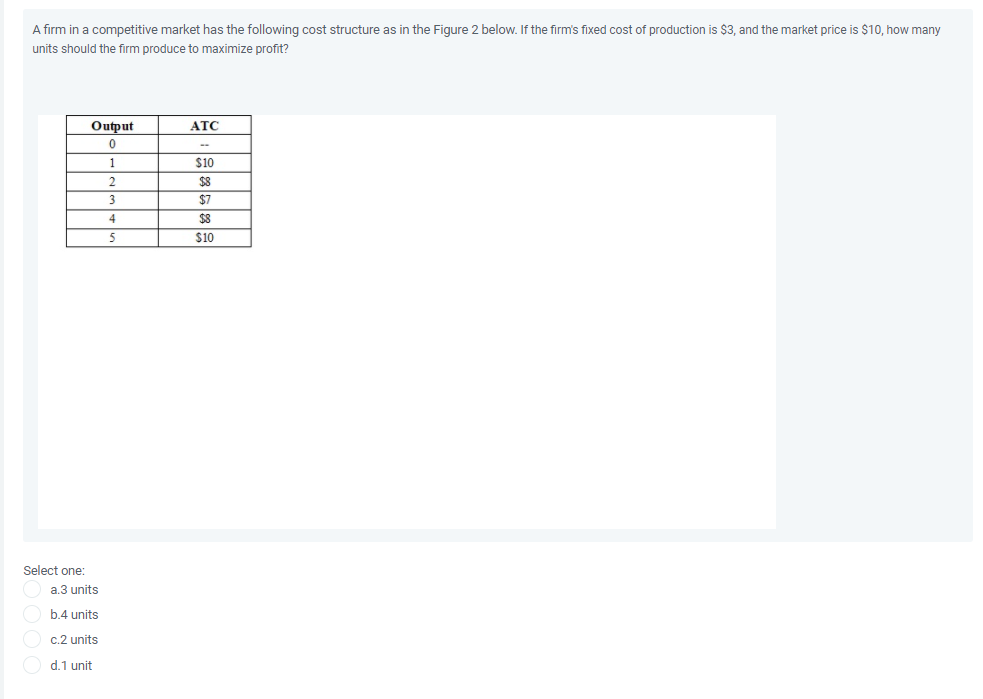 A firm in a competitive market has the following cost structure as in the Figure 2 below. If the firm's fixed cost of production is $3, and the market price is $10, how many
units should the firm produce to maximize profit?
Output
ATC
--
1
$10
2
$8
3
$7
4
$8
5
$10
Select one:
a.3 units
b.4 units
c.2 units
d.1 unit
