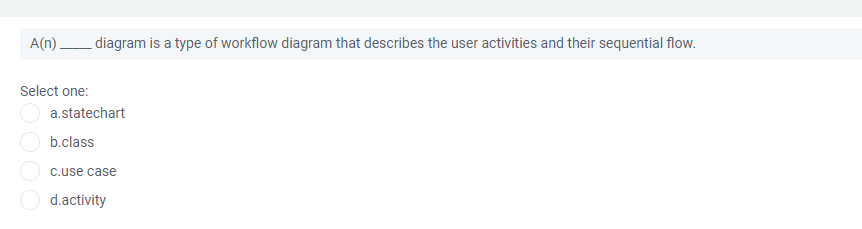 A(n) diagram is a type of workflow diagram that describes the user activities and their sequential flow.
Select one:
a.statechart
b.class
c.use case
d.activity
