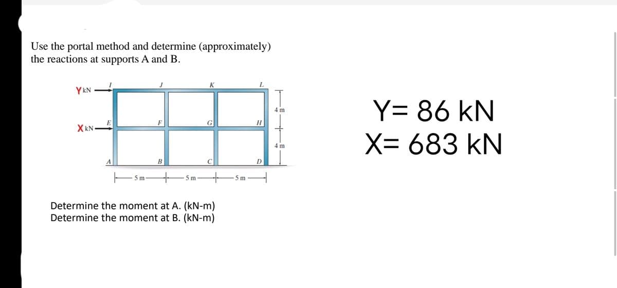 Use the portal method and determine (approximately)
the reactions at supports A and B.
YkN
XkN
E|
5 m
F
B
5m
K
G
C
Determine the moment at A. (kN-m)
Determine the moment at B. (kN-m)
5 m
L
H
D
4 m
4 m
Y= 86 kN
X= 683 kN