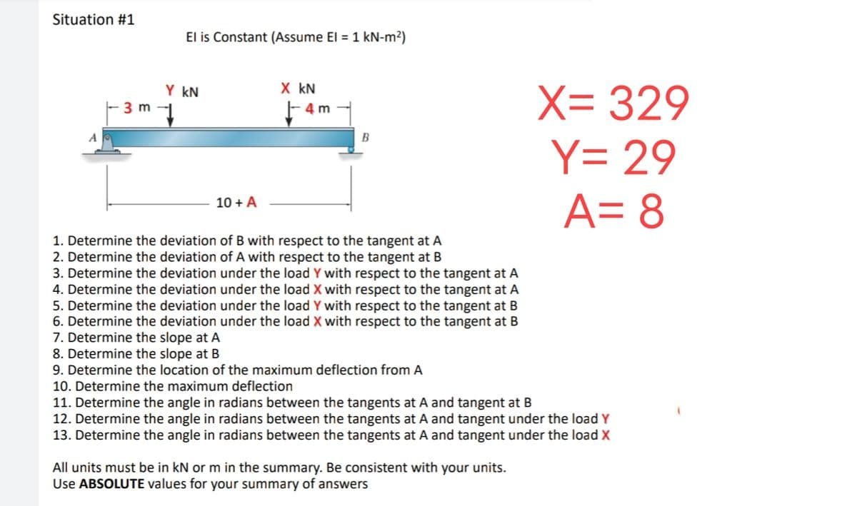 Situation #1
El is Constant (Assume El = 1 kN-m²)
Y KN
-3m 1
10 + A
X_kN
Fam
B
1. Determine the deviation of B with respect to the tangent at A
2. Determine the deviation of A with respect to the tangent at B
X= 329
Y= 29
A= 8
3. Determine the deviation under the load Y with respect to the tangent at A
4. Determine the deviation under the load X with respect to the tangent at A
5. Determine the deviation under the load Y with respect to the tangent at B
6. Determine the deviation under the load X with respect to the tangent at B
7. Determine the slope at A
8. Determine the slope at B
9. Determine the location of the maximum deflection from A
10. Determine the maximum deflection
11. Determine the angle in radians between the tangents at A and tangent at B
12. Determine the angle in radians between the tangents at A and tangent under the load Y
13. Determine the angle in radians between the tangents at A and tangent under the load X
All units must be in kN or m in the summary. Be consistent with your units.
Use ABSOLUTE values for your summary of answers