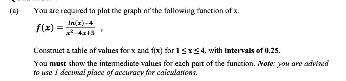 (a)
You are required to plot the graph of the following function of x.
f(x) =
In(x)-4
x²-4x+5
Construct a table of values for x and f(x) for 1 ≤ x ≤4, with intervals of 0.25.
You must show the intermediate values for each part of the function. Note: you are advised
to use 1 decimal place of accuracy for calculations.