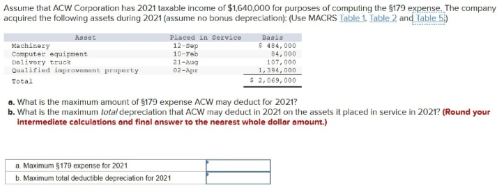 Assume that ACW Corporation has 2021 taxable income of $1,640,000 for purposes of computing the $179 expense. The company
acquired the following assets during 2021 (assume no bonus depreciation): (Use MACRS Table 1. Table 2 and Table 5.)
Asset
Machinery
Computer equipment
Delivery truck
Qualified improvement property
Total
Placed in Service
12-Sep
10-Feb
21-Aug
02-Apr
a. Maximum §179 expense for 2021
b. Maximum total deductible depreciation for 2021
Basis
$ 484,000
84,000
107,000
1,394,000
$ 2,069,000
a. What is the maximum amount of $179 expense ACW may deduct for 2021?
b. What is the maximum total depreciation that ACW may deduct in 2021 on the assets it placed in service in 2021? (Round your
intermediate calculations and final answer to the nearest whole dollar amount.)