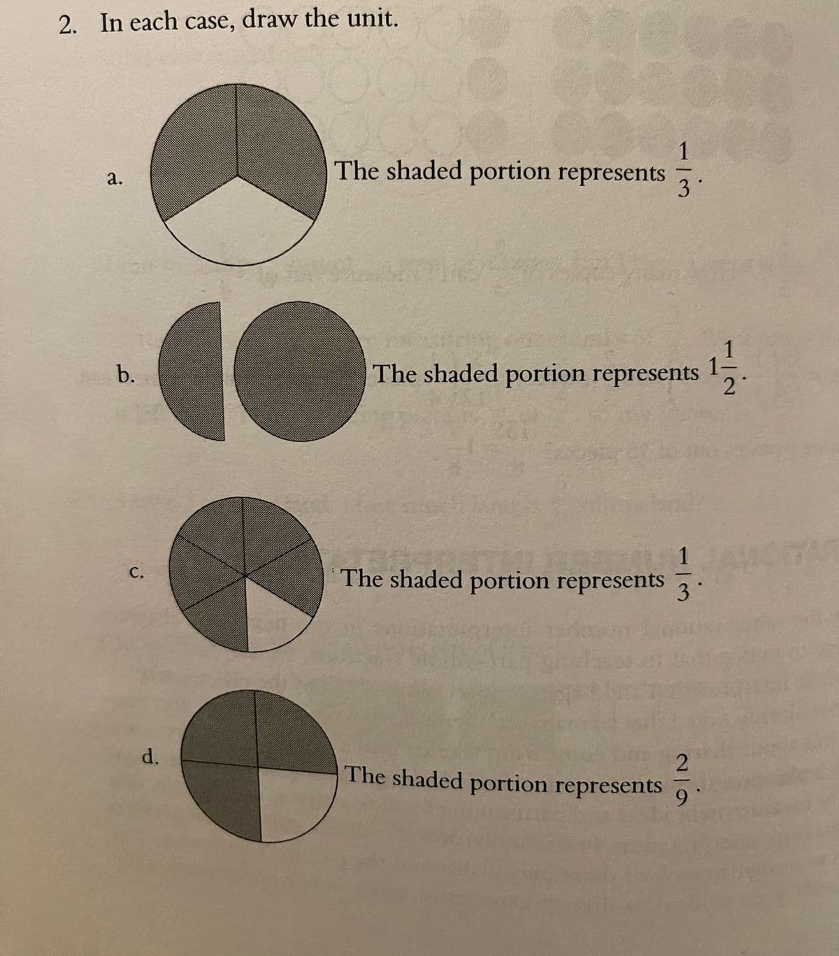 2. In each case, draw the unit.
1
The shaded portion represents
-
3
1
b.
The shaded portion represents
2°
1
The shaded portion represents
с.
-
3
d.
The shaded portion represents
9
a.
