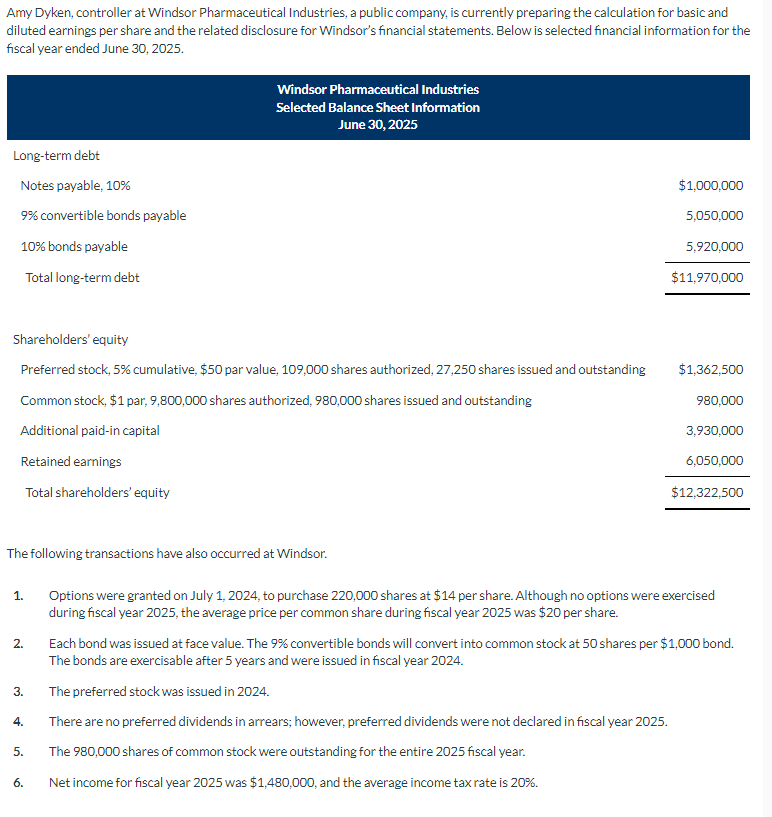 Amy Dyken, controller at Windsor Pharmaceutical Industries, a public company, is currently preparing the calculation for basic and
diluted earnings per share and the related disclosure for Windsor's financial statements. Below is selected financial information for the
fiscal year ended June 30, 2025.
Long-term debt
Notes payable, 10%
9% convertible bonds payable
10% bonds payable
Total long-term debt
Shareholders' equity
Preferred stock, 5% cumulative, $50 par value, 109,000 shares authorized, 27,250 shares issued and outstanding
Common stock, $1 par, 9,800,000 shares authorized, 980,000 shares issued and outstanding
Additional paid-in capital
Retained earnings
Total shareholders' equity
The following transactions have also occurred at Windsor.
1.
2.
3.
4.
Windsor Pharmaceutical Industries
Selected Balance Sheet Information
June 30, 2025
5.
6.
$1,000,000
5,050,000
5,920,000
$11,970,000
$1,362,500
980,000
3,930,000
6,050,000
$12,322,500
Options were granted on July 1, 2024, to purchase 220,000 shares at $14 per share. Although no options were exercised
during fiscal year 2025, the average price per common share during fiscal year 2025 was $20 per share.
Each bond was issued at face value. The 9% convertible bonds will convert into common stock at 50 shares per $1,000 bond.
The bonds are exercisable after 5 years and were issued in fiscal year 2024.
The preferred stock was issued in 2024.
There are no preferred dividends in arrears; however, preferred dividends were not declared in fiscal year 2025.
The 980,000 shares of common stock were outstanding for the entire 2025 fiscal year.
Net income for fiscal year 2025 was $1,480,000, and the average income tax rate is 20%.