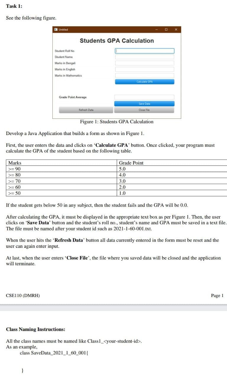 Task 1:
See the following figure.
E Untitled
Students GPA Calculation
Student Roll No.
Student Name
Marks in Bengali
Marks in English
Marks in Mathematics
Cakulate GPA
Grade Point Average
Save Data
Refrech Data
Close File
Figure 1: Students GPA Calculation
Develop a Java Application that builds a form as shown in Figure 1.
First, the user enters the data and clicks on 'Calculate GPA' button. Once clicked, your program must
calculate the GPA of the student based on the following table.
Marks
Grade Point
>= 90
5.0
>= 80
4.0
>= 70
3.0
>= 60
2.0
>= 50
1.0
If the student gets below 50 in any subject, then the student fails and the GPA will be 0.0.
After calculating the GPA, it must be displayed in the appropriate text box as per Figure 1. Then, the user
clicks on 'Save Data' button and the student's roll no., student's name and GPA must be saved in a text file.
The file must be named after your student id such as 2021-1-60-001.txt.
When the user hits the 'Refresh Data' button all data currently entered in the form must be reset and the
user can again enter input.
At last, when the user enters Close File', the file where you saved data will be closed and the application
will terminate.
CSE110 (DMRH)
Page 1
Class Naming Instructions:
All the class names must be named like Class1_<your-student-id>.
As an example,
class SaveData_2021_1_60_001{
