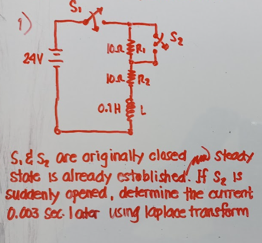 :-
24V =
0.1 H
S&S, are ariginally clased steady
state is already cstablished. If Se Is
suddenly opened, determine the cuITent
0.003 Sec latar using laplace transform
