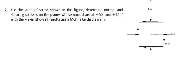 8 ksi
2. For the state of stress shown in the figure, determine normal and
shearing stresses on the planes whose normal are at +60° and +150°
with the x-axis. Show all results using Mohr's Circle diagram.
8 ksi
10 ks
