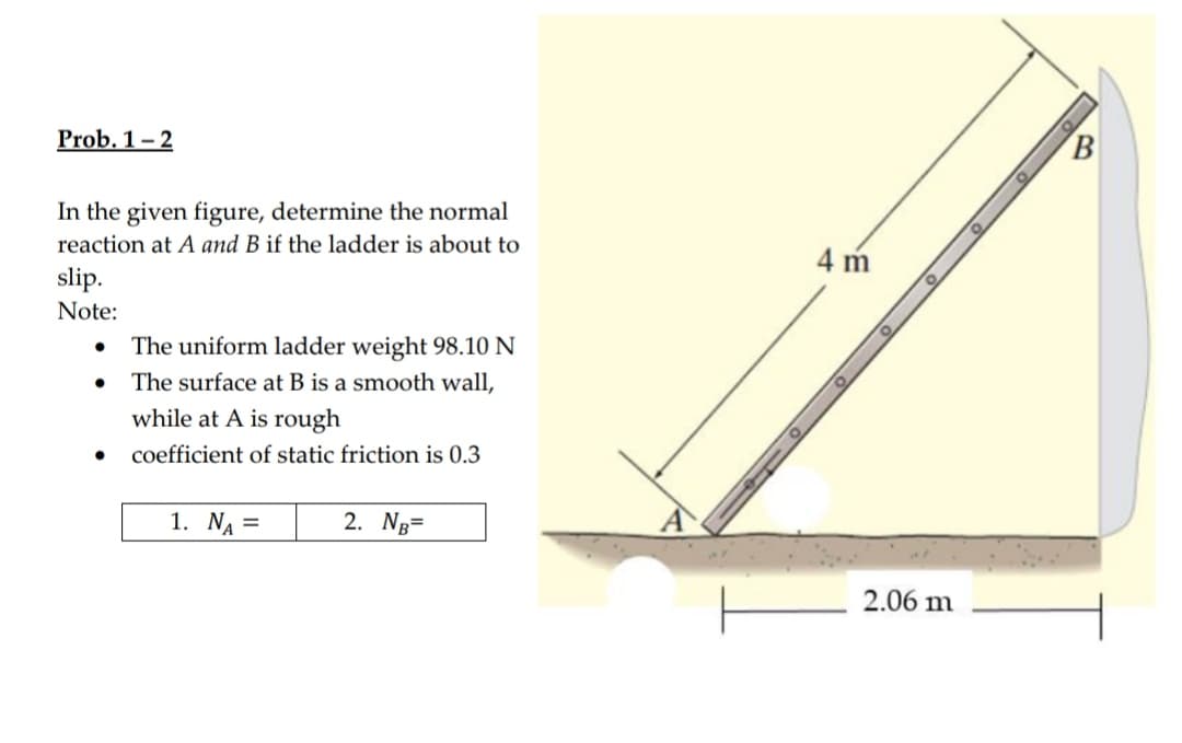 Prob. 1– 2
In the given figure, determine the normal
reaction at A and B if the ladder is about to
4 m
slip.
Note:
The uniform ladder weight 98.10 N
The surface at B is a smooth wall,
while at A is rough
coefficient of static friction is 0.3
1. NA =
2. Ng=
2.06 m
