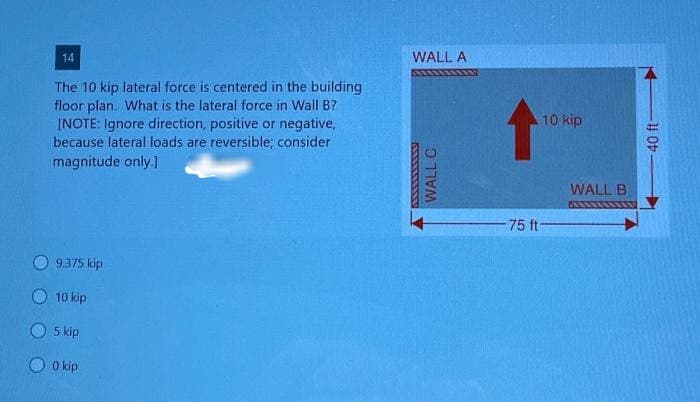 14
The 10 kip lateral force is centered in the building
floor plan. What is the lateral force in Wall B?
[NOTE: Ignore direction, positive or negative,
because lateral loads are reversible; consider
magnitude only.]
9.375 kip
10 kip
5 kip
O O kip
WALL A
WALL C
10 kip
75 ft-
WALL B
40 ft-