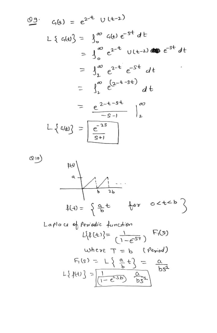 e2-t u lt-2)
= (75
L{ Gt} = {0 Gt) e st dt
e2-t
est dt
Ult-2)
est
dt
2-t
e
dt
2-t-st
e
00
-S-)
L{aw} =
25
e
a
26
H0 = {t fer octeb}
for
O<t<b
Lapla ce of Pen'odic tunction
where T = b
( Period)
Fi(s) =
a
bs2
