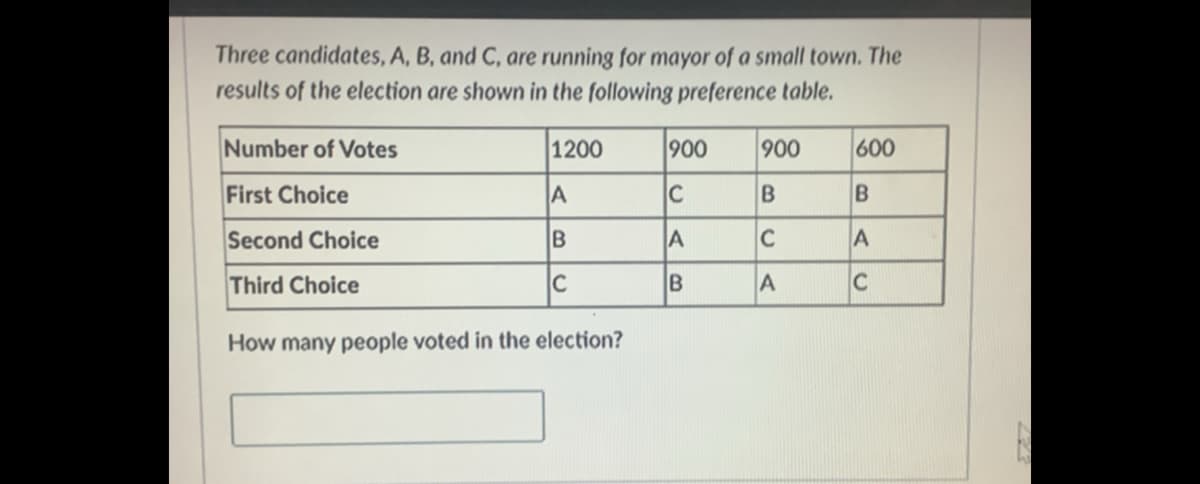 Three candidates, A, B, and C, are running for mayor of a small town. The
results of the election are shown in the following preference table.
Number of Votes
1200
900
900
600
First Choice
C
Second Choice
C
Third Choice
C
B
A
C
How many people voted in the election?
