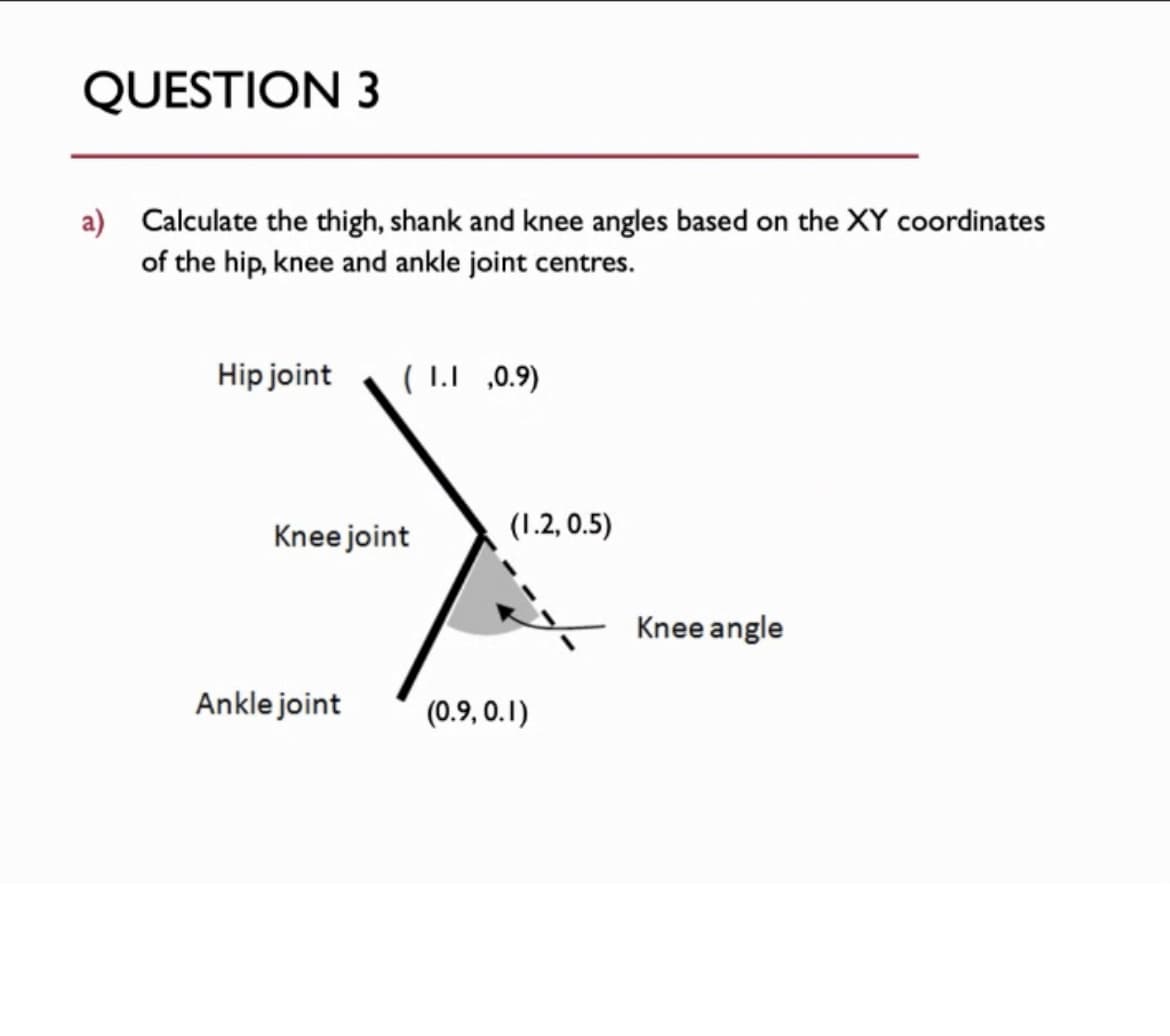 QUESTION 3
a) Calculate the thigh, shank and knee angles based on the XY coordinates
of the hip, knee and ankle joint centres.
Hip joint
(1.1,0.9)
Knee joint
Ankle joint
(1.2, 0.5)
(0.9, 0.1)
Knee angle