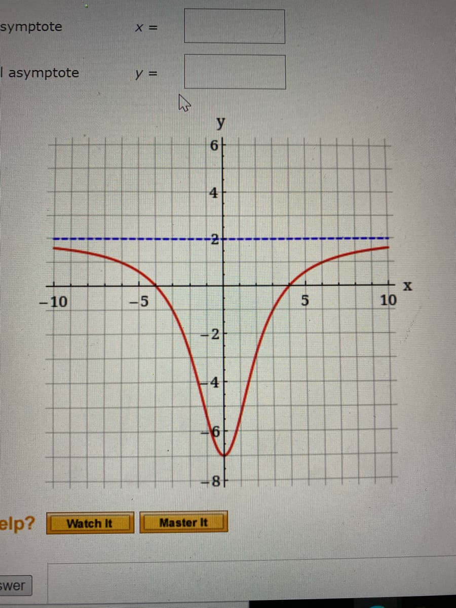 symptote
X =
I asymptote
y =
y
6-
4
X
-10
-5
10
-2
4
elp?
Watch It
Master It
swer
CO
