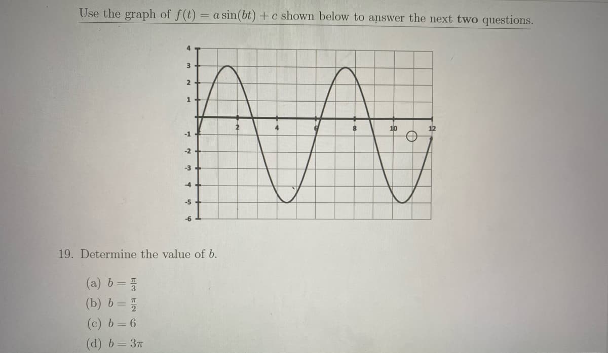 Use the graph of f(t) = a sin(bt) +c shown below to answer the next two questions.
4.
2
1
10
-1
-2
-3
-4
-5
19. Determine the value of b.
(a) b=
(b) b =
(c) b= 6
(d) b= 37
