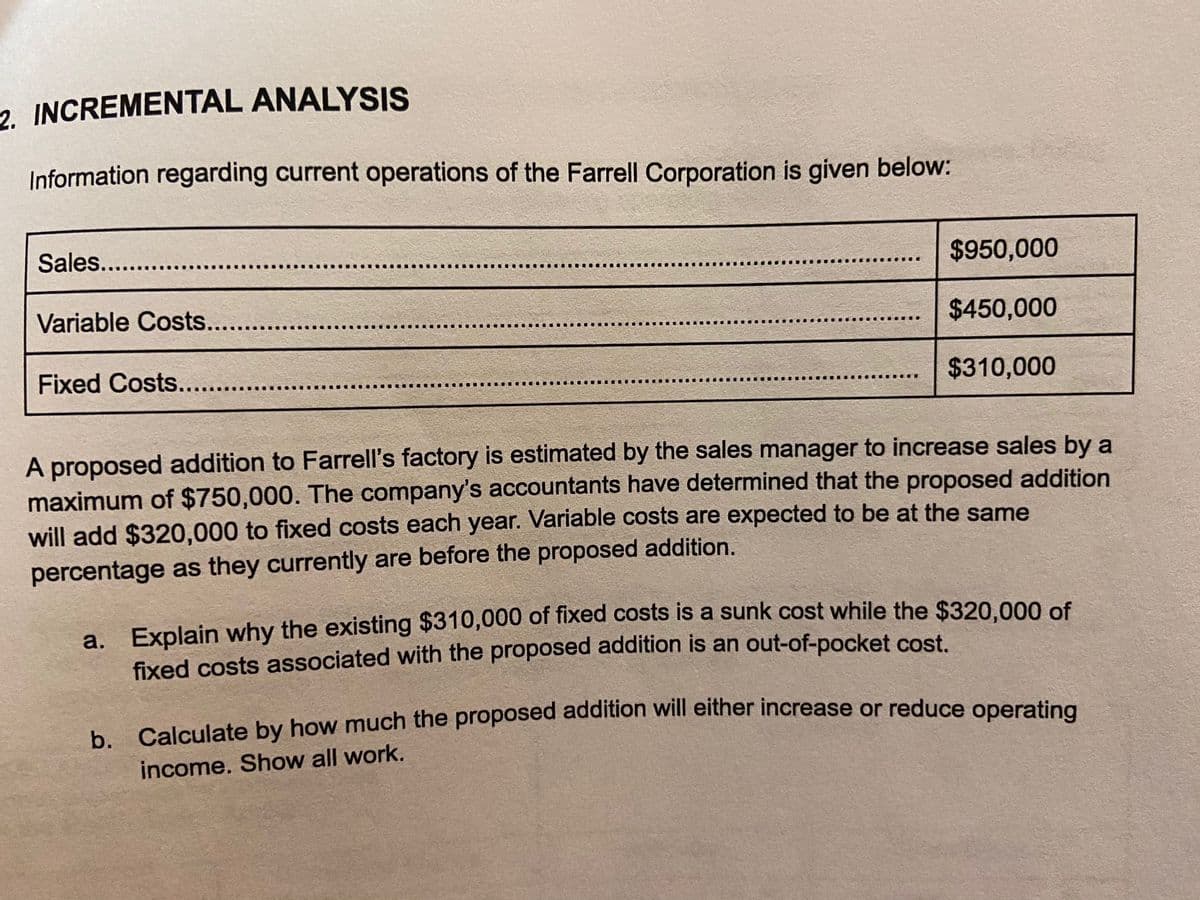 2. INCREMENTAL ANALYSIS
Information regarding current operations of the Farrell Corporation is given below:
Sales...
$950,000
Variable Costs....
$450,000
Fixed Costs.....
$310,000
A proposed addition to Farrell's factory is estimated by the sales manager to increase sales by a
maximum of $750,000. The company's accountants have determined that the proposed addition
will add $320,000 to fixed costs each year. Variable costs are expected to be at the same
percentage as they currently are before the proposed addition.
a. Explain why the existing $310,000 of fixed costs is a sunk cost while the $320.000 of
fixed costs associated with the proposed addition is an out-of-pocket cost.
h Calculate by how much the proposed addition will either increase or reduce operating
income. Show all work.
