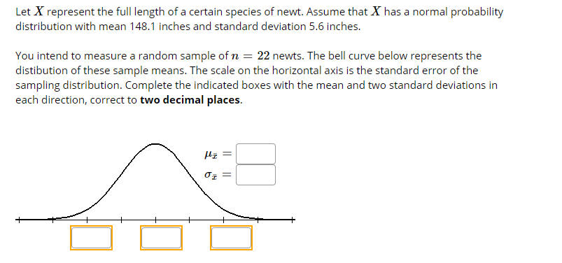 Let X represent the full length of a certain species of newt. Assume that X has a normal probability
distribution with mean 148.1 inches and standard deviation 5.6 inches.
You intend to measure a random sample of n = 22 newts. The bell curve below represents the
distibution of these sample means. The scale on the horizontal axis is the standard error of the
sampling distribution. Complete the indicated boxes with the mean and two standard deviations in
each direction, correct to two decimal places.
||
