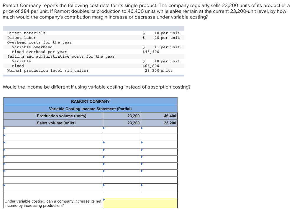 Ramort Company reports the following cost data for its single product. The company regularly sells 23,200 units of its product at a
price of $84 per unit. If Ramort doubles its production to 46,400 units while sales remain at the current 23,200-unit level, by how
much would the company's contribution margin increase or decrease under variable costing?
Direct materials
Direct labor
Overhead costs for the year.
Variable overhead
Fixed overhead per year
Selling and administrative costs for the year
Variable
Fixed
Normal production level (in units)
RAMORT COMPANY
Variable Costing Income Statement (Partial)
Production volume (units)
Sales volume (units)
Under variable costing, can a company increase its net
income by increasing production?
$
$
23,200
23,200
18 per unit
20 per unit
$
$46,400
11 per unit
Would the income be different if using variable costing instead of absorption costing?
$
$66,800
23,200 units
18 per unit
46,400
23,200