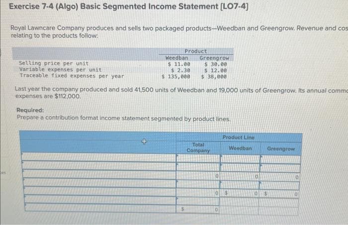 Exercise 7-4 (Algo) Basic Segmented Income Statement [LO7-4]
Royal Lawncare Company produces and sells two packaged products-Weedban and Greengrow. Revenue and cos
relating to the products follow:
Selling price per unit
Variable expenses per unit
Traceable fixed expenses per year
Product
Weedban
$ 11.00
$ 2.30
$ 135,000
Greengrow
$ 30.00
$12.00
$ 38,000
Last year the company produced and sold 41,500 units of Weedban and 19,000 units of Greengrow. Its annual comme
expenses are $112,000.
Required:
Prepare a contribution format income statement segmented by product lines.
Total
Company
Product Line
Weedban
0 $
0
Greengrow