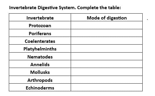 Invertebrate Digestive System. Complete the table:
Mode of digestion
Invertebrate
Protozoan
Poriferans
Coelenterates
Platyhelminths
Nematodes
Annelids
Mollusks
Arthropods
Echinoderms