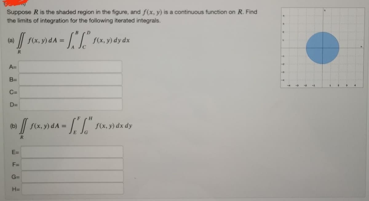Suppose R is the shaded region in the figure, and f(x, y) is a continuous function on R. Find
the limits of integration for the following iterated integrals.
(a)
[₁
R
A=
B=
C=
D=
(b)
[[
R
E=
F=
G=
H=
f(x, y) dA =
B D
ST
f(x, y) dA
f(x, y) dy dx
H
-LL"
f(x, y) dx dy
3
1
9
74
-3
-2
-1
2
